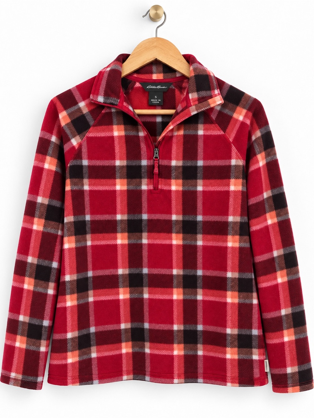 Eddie Bauer Red Pink Plaid Fleece Quarter Zip Pullover Small Cozy Outdoor